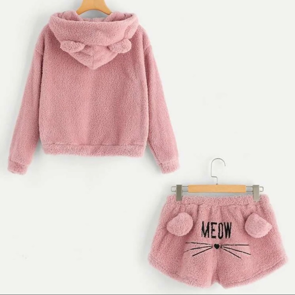 Pink Fluffy Teddy Sweater & Shorts Set